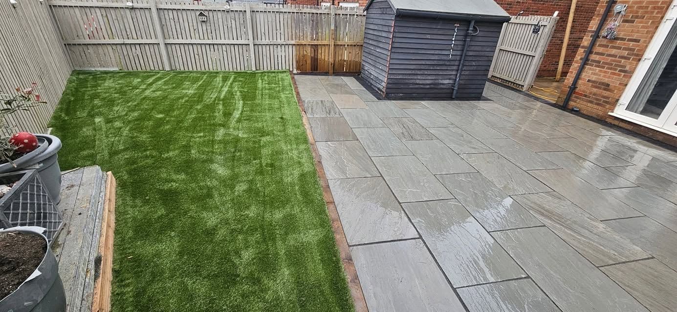 Grey sandstone patio and artificial grass in Jarrow, photo 2 of 27