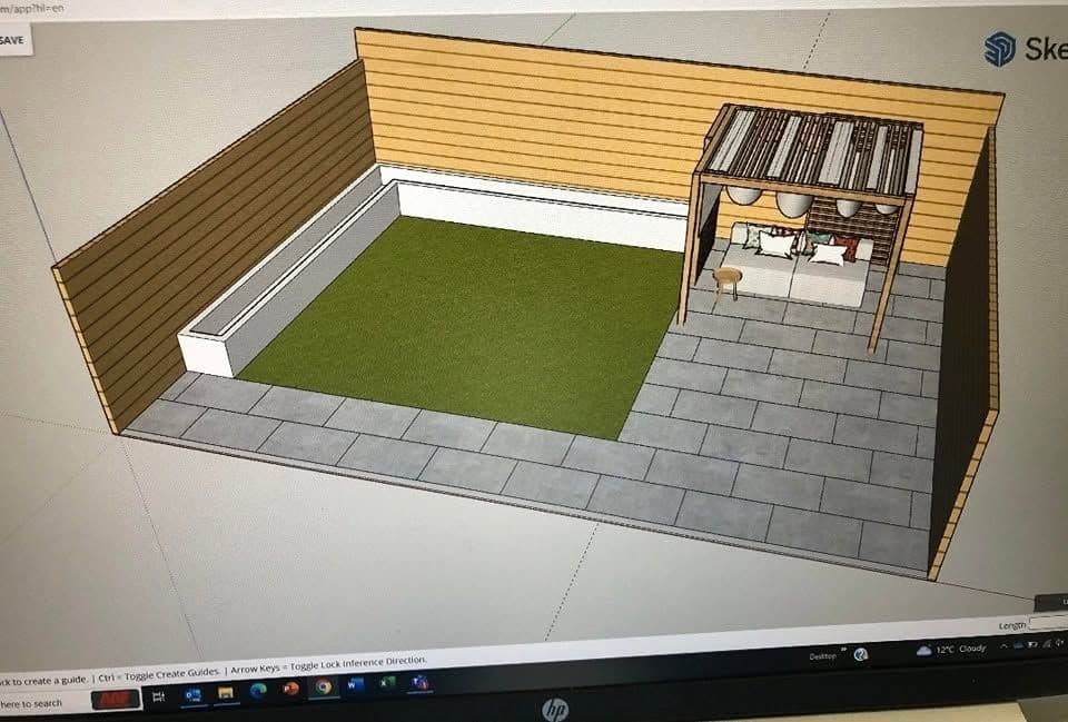 3D design of a garden with a porcelain patio, artificial grass and a pergola