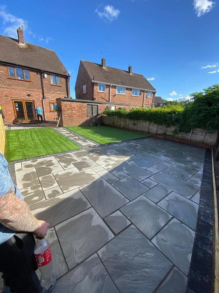 Indian sandstone patio and two artificial lawns in Wardley, photo 4 of 22