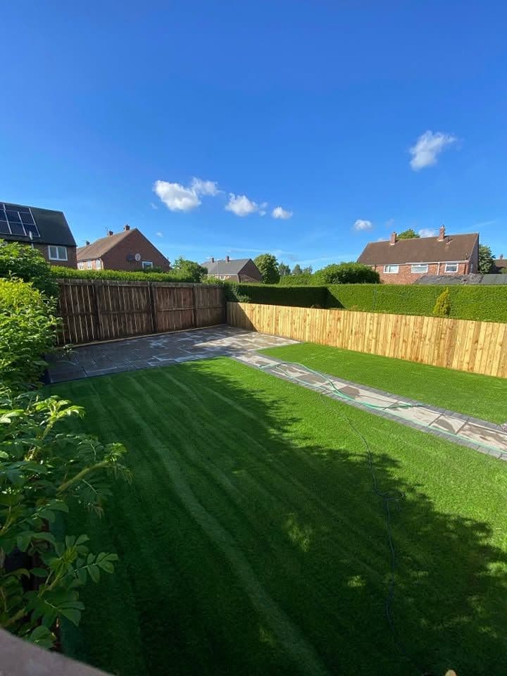 Indian sandstone patio and two artificial lawns in Wardley, photo 6 of 22