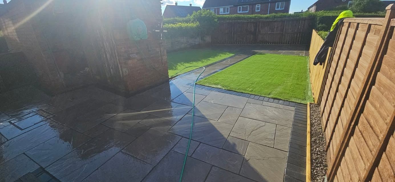 Indian sandstone patio and two artificial lawns in Wardley, photo 7 of 22
