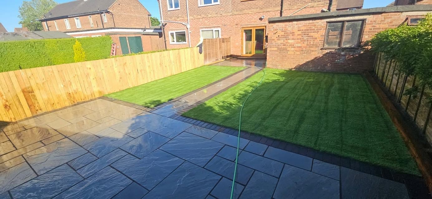 Indian sandstone patio and two artificial lawns in Wardley, photo 10 of 22