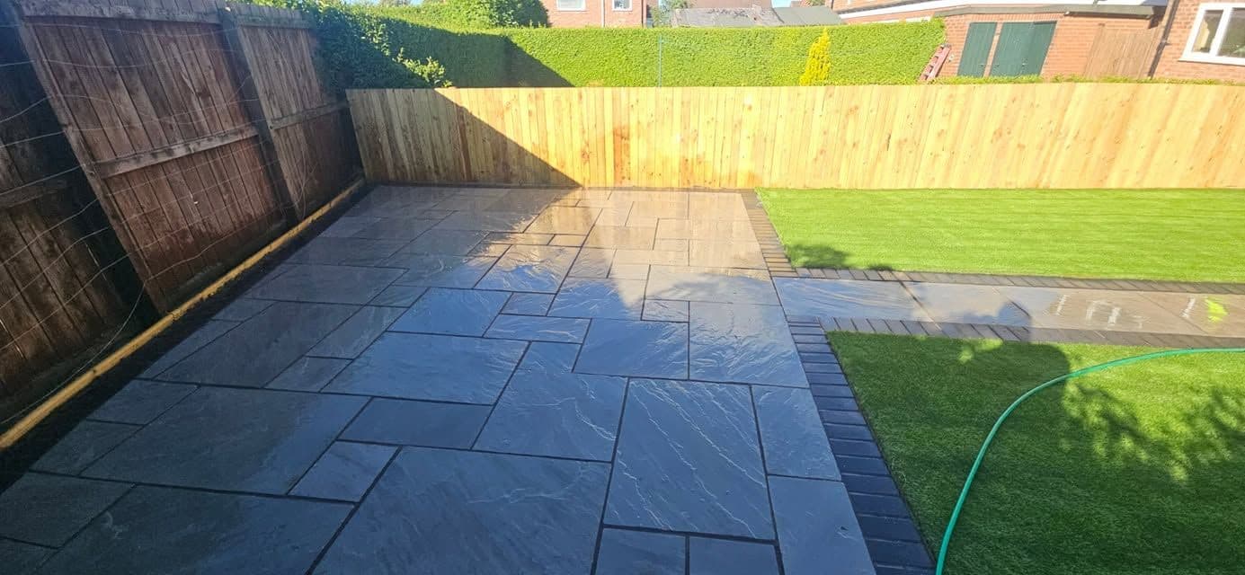 Indian sandstone patio and two artificial lawns in Wardley, photo 11 of 22